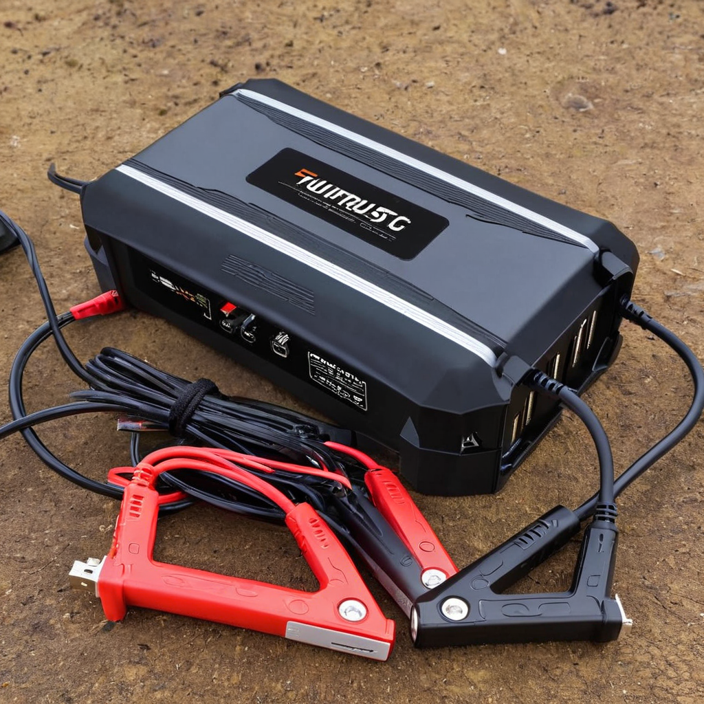 black portable car battery jumper pack with wire jumper lead clamps