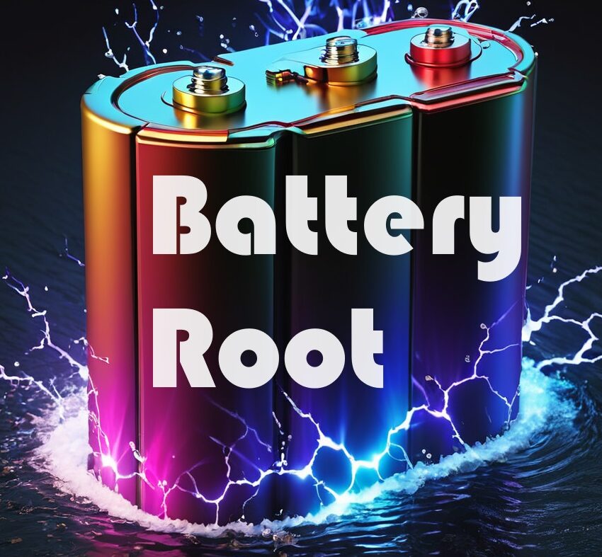 Battery Root Logo, battery surging power with the text "Battery Root"