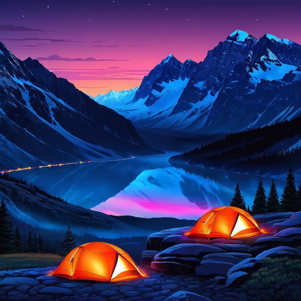 glowing orange camping tents on a snow covered mountain at sunset